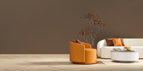 Minimalist livinig room with modern furnitures. Stylish living room design. 3D illustration