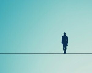 Obraz premium A solitary figure stands on a thin line, conveying themes of balance, risk, and introspection against a serene background.