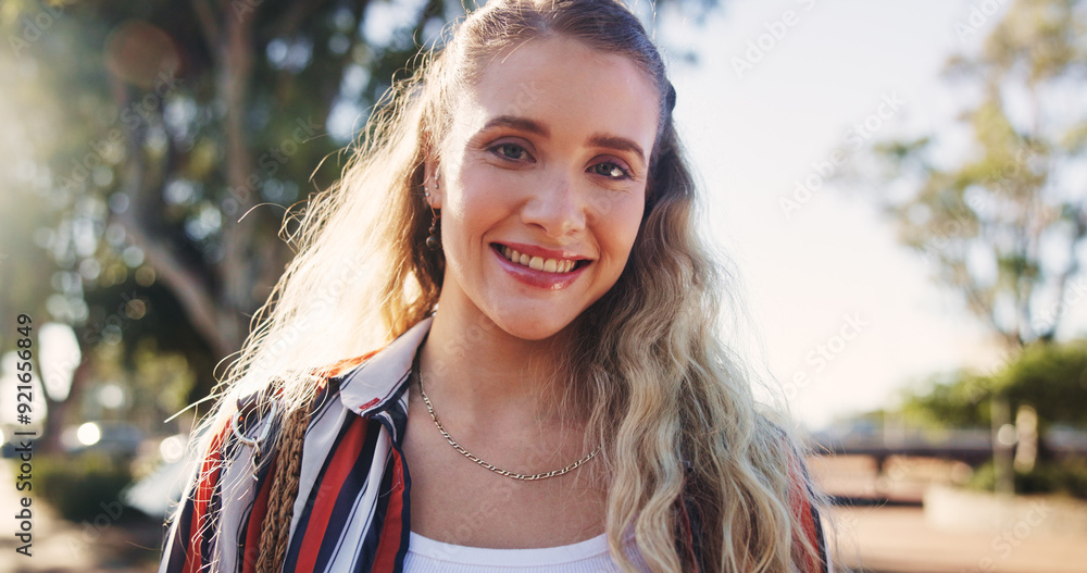 Sticker Woman, portrait and smile with travel in nature for university, learning and journey to campus. Face, happy and student with bag in park for development, education and morning commute in New York