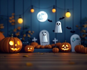 A spooky Halloween scene with glowing pumpkins, floating ghosts, bats, and eerie decorations under a full moon.