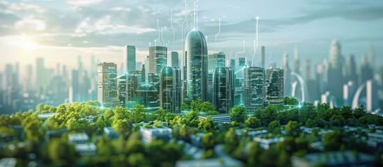 Naklejka premium Futuristic Smart City Skyline with Green Spaces and Advanced Technology Integration