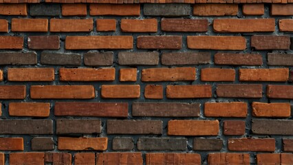 Obraz premium Close up of a brick wall with red and brown bricks and grey mortar.