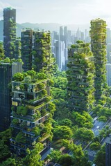 Obraz premium Futuristic Green Skyscrapers in Urban Cityscape with Lush Vertical Gardens and Modern Architecture