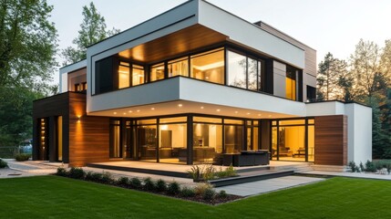 Fototapeta premium Modern house exterior with garden and evening lights in forest. Contemporary architecture.