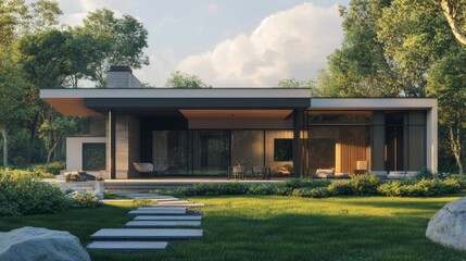 Fototapeta premium Modern house exterior with large windows and a patio, surrounded by a lush garden. 3D rendering.