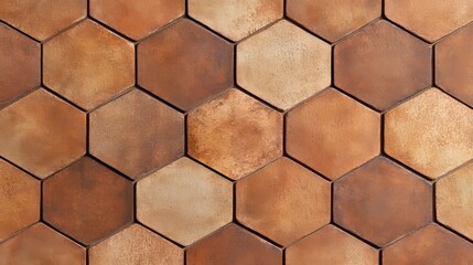 Earthy hexagonal design, worn textures and rustic ambiance, a blend of warm terracotta and clay tones with aged surfaces