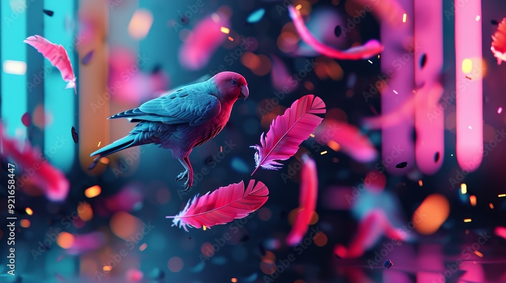 Poster a vibrant bird amidst colorful feathers and captivating lights, creating an enchanting atmosphere of