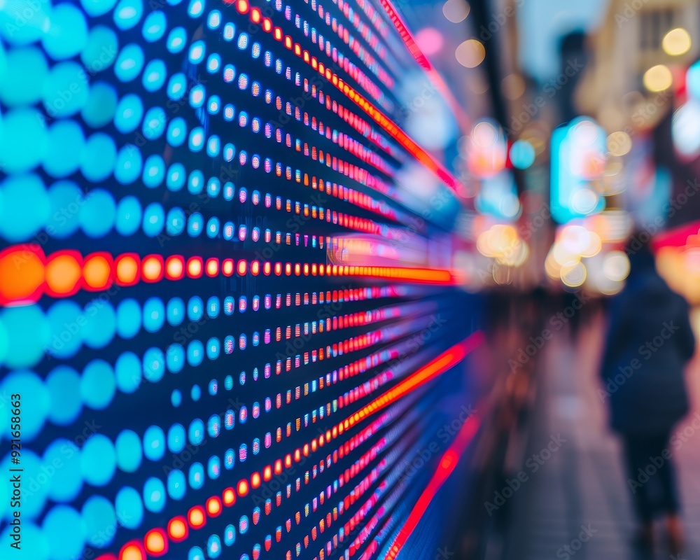 Poster a vibrant display of colorful led lights illuminating a city street at dusk, creating a dynamic urba