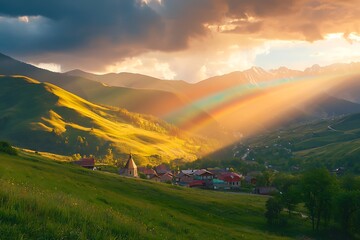A rainbow shines through the clouds over a village in the mountains.