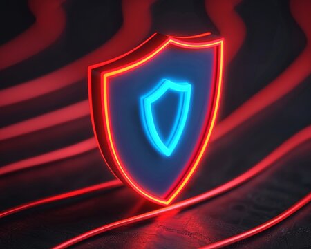 A vibrant neon shield symbolizing security and protection, set against a dynamic background with glowing lines.