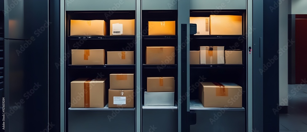 Poster parcel locker with multiple packages showcasing convenient self service delivery options for online 