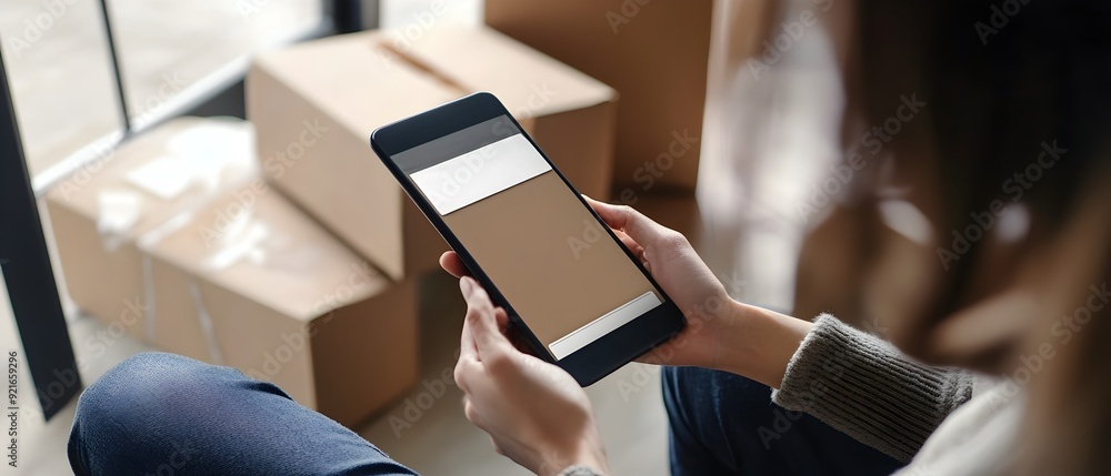 Poster customer checking parcel tracking information on mobile smartphone device showcasing the transparenc