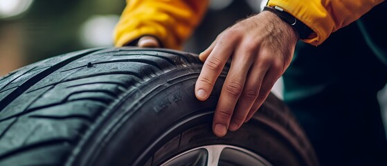 Close up of a mechanic s hands carefully checking the tread depth on a car tire highlighting the importance of proper tire maintenance and safety for driving on the road