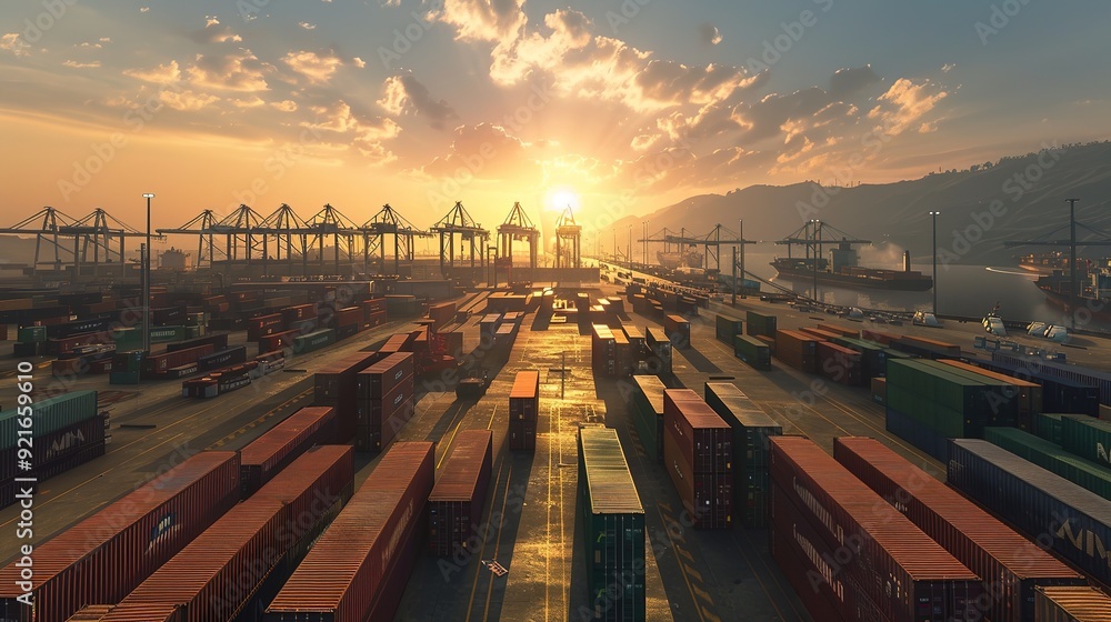 Poster a large port with many containers stacked high, creating an expansive view of the dock and surroundi
