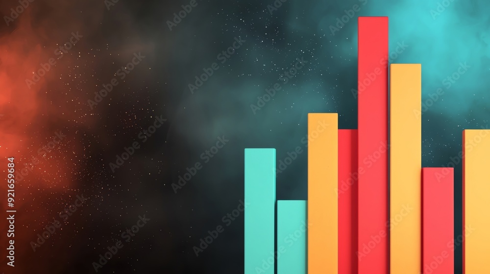 Poster colorful bar chart representation with dramatic lighting against a dark background, idea for data an