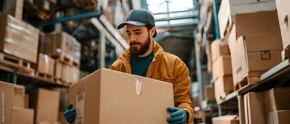 Poster warehouse worker carefully inspecting parcel for any damage or issues before dispatch representing c
