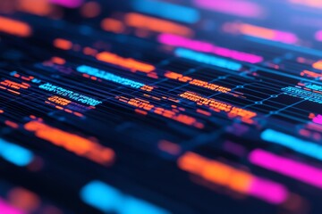 Obraz premium Vibrant digital artwork featuring abstract lines and glowing patterns in neon colors, perfect for tech and futuristic themes.