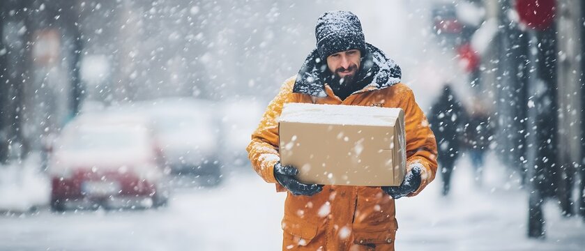Postal courier navigating through heavy snowfall and adverse weather conditions to ensure timely delivery of a package representing dedication and reliability in their work - Powered by Adobe