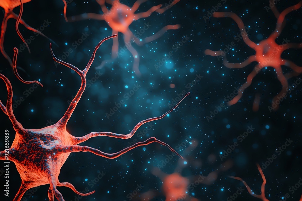 Poster close-up view of neurons with vivid colors against a dark background, symbolizing neural connections