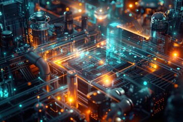 A futuristic office space with a hologram interface for industrial applications, showcasing a virtual tech advisor and advanced communication networks.