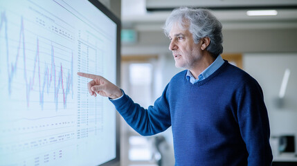 Fototapeta premium Focused senior man in a blue sweater pointing at a chart on a large screen, representing analysis and business strategy.