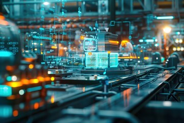 Obraz premium A futuristic office space with a hologram interface for industrial applications, showcasing a virtual tech advisor and advanced communication networks.
