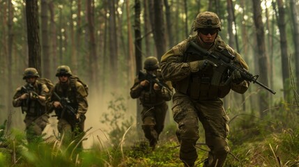Soldiers navigate through thick forest terrain while conducting military training operations