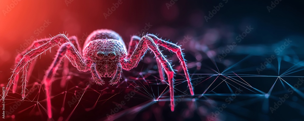 Poster a detailed close-up of a digital spider, showcasing vibrant colors and intricate web patterns, idea 