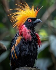 A vibrant bird with a striking yellow, red and black plumage.