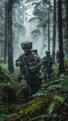 Fototapeta premium Soldiers in tactical gear maneuver through a foggy forest, showcasing teamwork and strategy during a training session