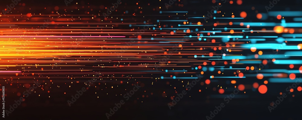 Poster dynamic abstract background featuring vibrant light streaks and glowing dots in a blend of orange an
