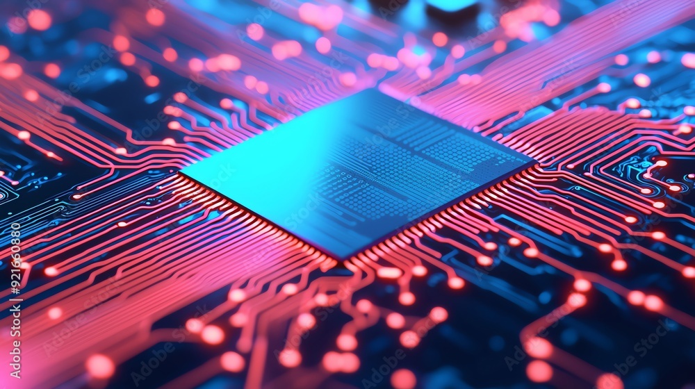 Poster close-up of a modern microchip on a vibrant circuit board, showcasing intricate patterns and glowing