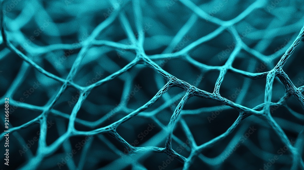 Poster close-up of intricate network structure showcasing blue and turquoise colors, perfect for science an