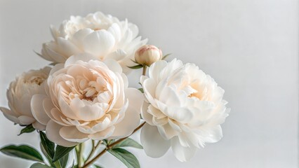 Obraz premium Tender white peonies on light background Holiday bouquet Greeting card for beloved woman