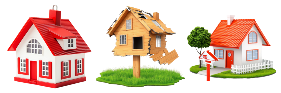 Three model homes, representing real estate, property, and housing.