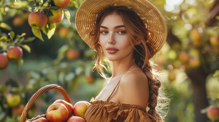 Obraz premium A young woman in a straw hat and rustic dress holds a basket of apples in an orchard, capturing an autumnal and rustic vibe ideal for agricultural, harvest, or lifestyle content,