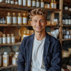 Fototapeta premium A young man with a friendly smile stands in a store filled with shelves of organic skincare products, ideal for promoting natural beauty, wellness, and small business marketing,