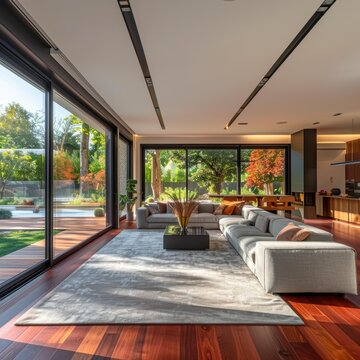 Fototapeta Bright living room with large windows, modern furnishings, wooden floor, and lush garden view ideal for real estate, interior design ideas, home decor, luxury living, and architecture showcases,