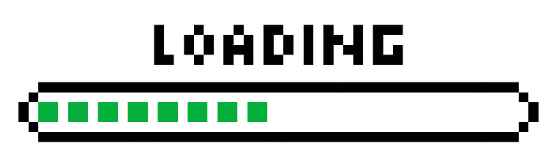 Obraz premium Pixel loading bar y2k retro 8 bit interface game, progress level, download status frame. Pixel title text Loading. Process indicator.