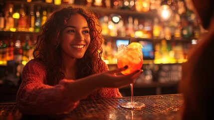 Smiling woman enjoying a cocktail at a cozy bar with warm lighting
