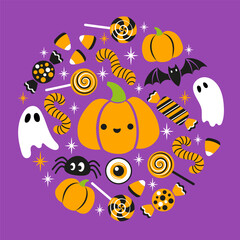 Illustration of cute pumpkins, sweets and ghosts for Halloween trick or treat card design