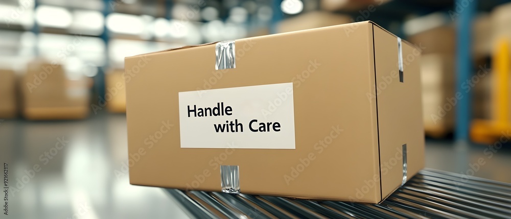 Poster close up of a brown cardboard box with the text handle with care prominently displayed highlighting 
