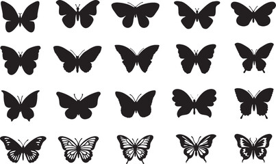 Black Silhouette Butterfly Set Vector Style Illustration on a White Background