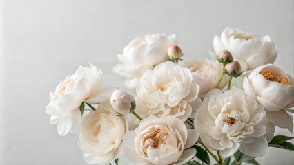 Tender white peonies on light background Holiday bouquet Greeting card for beloved woman