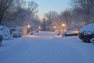 A serene winter scene featuring a snow-covered pathway lined with glowing street lamps and illuminated trees adorned with holiday lights.