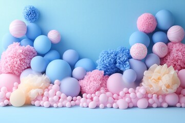 A vibrant and playful abstract composition featuring pastel-colored balloons and fluffy pom poms in soft shades of pink, blue, and lavender.