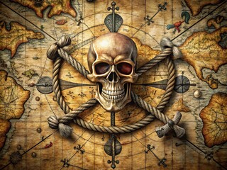 Foreboding skull and crossbones emblem on a vintage treasure map, surrounded by anchors, ropes, and flags, evoking pirate legend and perilous ocean adventures.