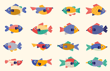 Set of Cute Doodle Cartoon Fish for Aquarium, Ocean and Marine or Fish Icon and Fish Clip Art in SVG Vector