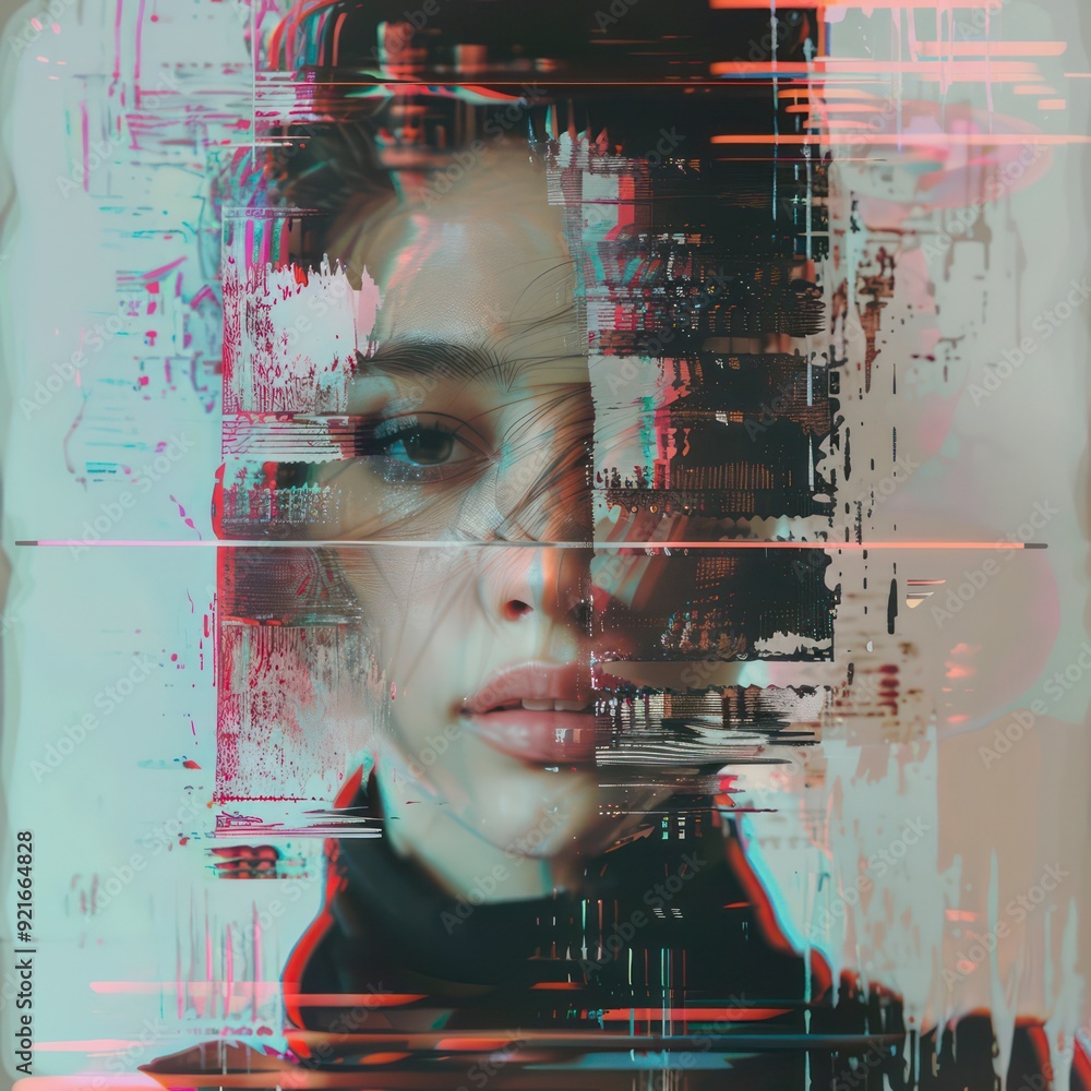 Wall mural glitch head of a digital bit mapped woman in neon colors