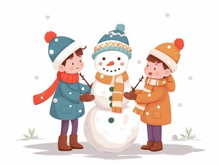 Children make snowman illustration isolated on white. AI generated